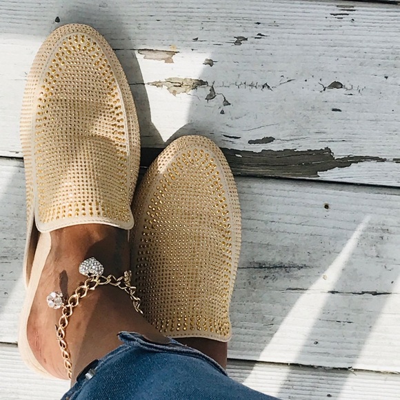 Gold Sparkle Round Toe Slide On Mule Loafer Flat - Picture 2 of 5